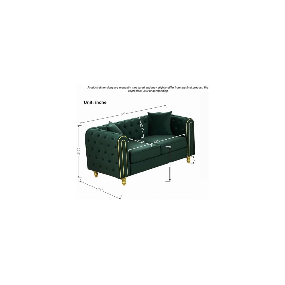 Velvet Chesterfield Button Tufted Sofa, Modern 2 Deep Seater Couch, Upholstered Comfy Loveseat Sofa with 2 Pillows for Living Room, Green