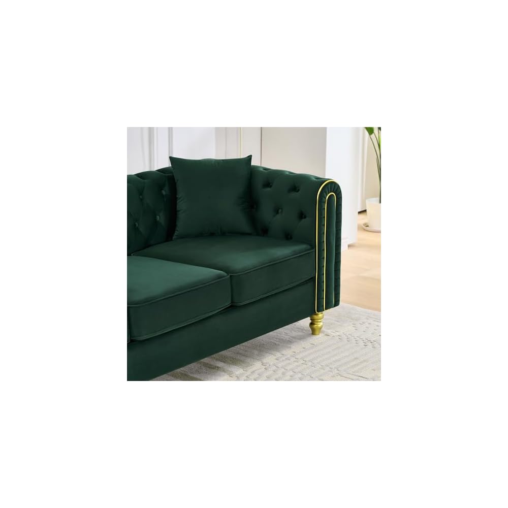 Velvet Chesterfield Button Tufted Sofa, Modern 2 Deep Seater Couch, Upholstered Comfy Loveseat Sofa with 2 Pillows for Living Room, Green