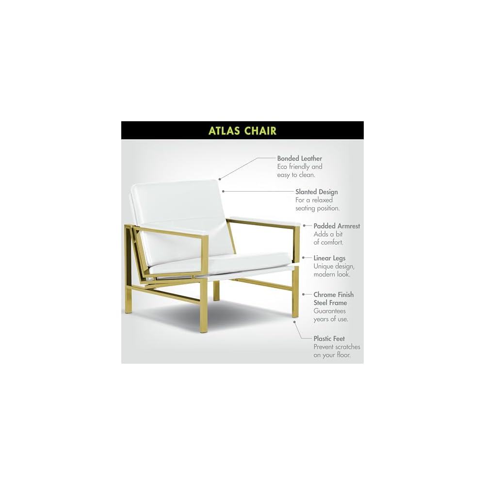 Atlas Modern Accent Chair in Blended Leather, Gold Chrome/White