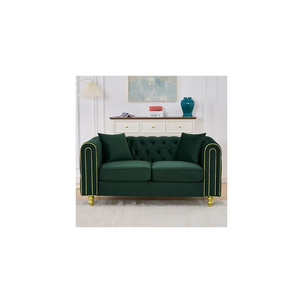 Velvet Chesterfield Button Tufted Sofa, Modern 2 Deep Seater Couch, Upholstered Comfy Loveseat Sofa with 2 Pillows for Living Room, Green