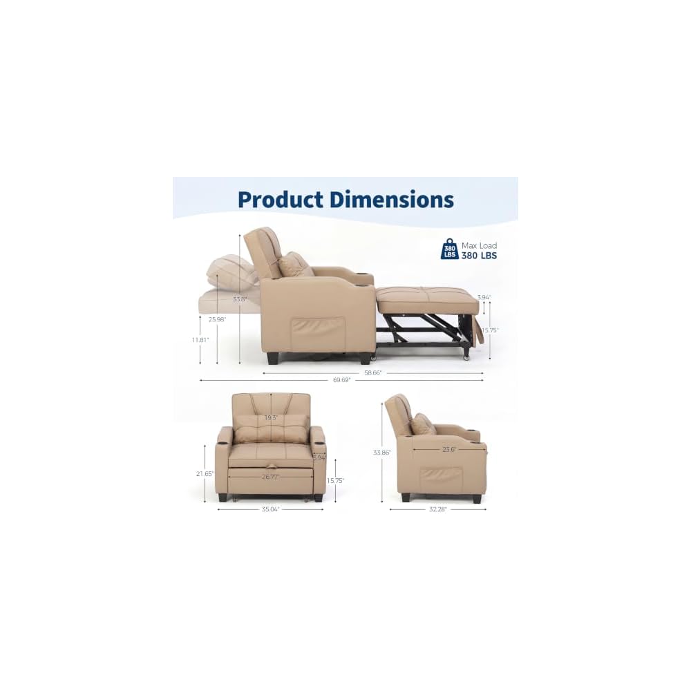 Sleeper Chair Pull Out Bed for Adults, 4 in 1 Convertible Sofa Chair Bed, Single Recliner Sofa with Vibration Massage Lumbar Pillow, USB & Type-C Ports, Cup Holders and Side Pocket, Latte Beige