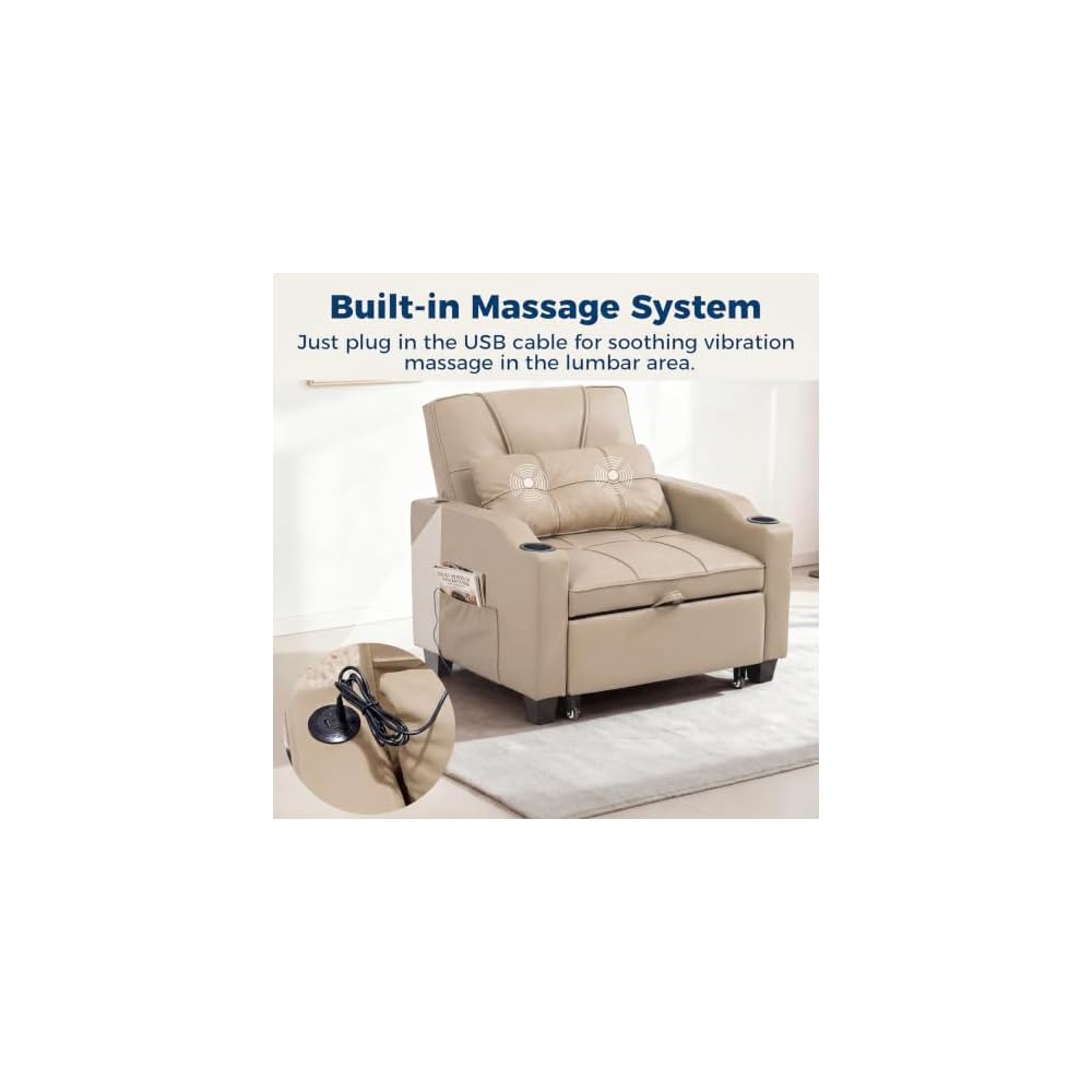 Sleeper Chair Pull Out Bed for Adults, 4 in 1 Convertible Sofa Chair Bed, Single Recliner Sofa with Vibration Massage Lumbar Pillow, USB & Type-C Ports, Cup Holders and Side Pocket, Latte Beige