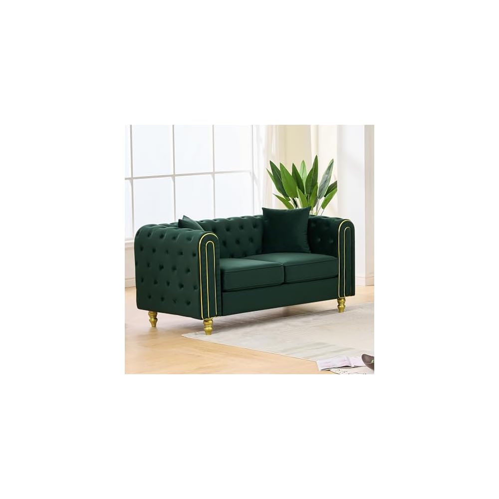 Velvet Chesterfield Button Tufted Sofa, Modern 2 Deep Seater Couch, Upholstered Comfy Loveseat Sofa with 2 Pillows for Living Room, Green