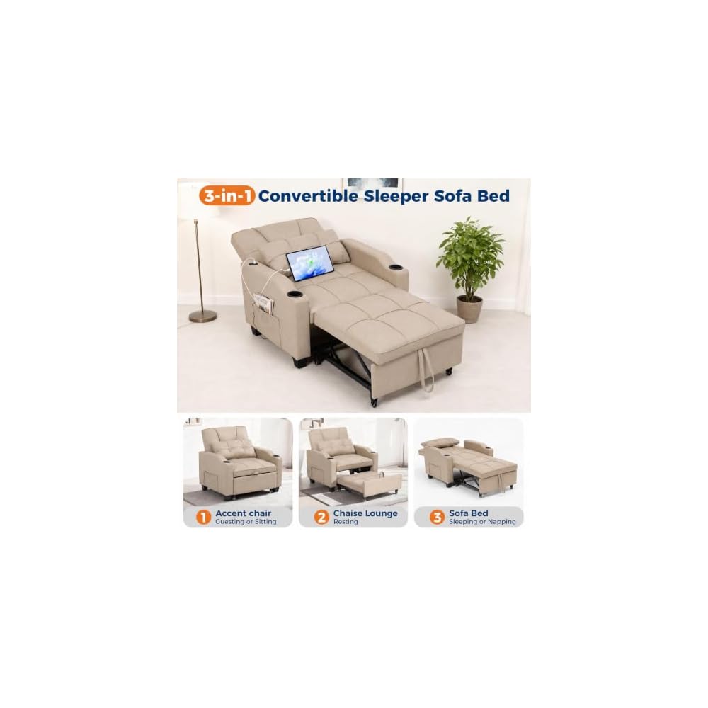Sleeper Chair Pull Out Bed for Adults, 4 in 1 Convertible Sofa Chair Bed, Single Recliner Sofa with Vibration Massage Lumbar Pillow, USB & Type-C Ports, Cup Holders and Side Pocket, Latte Beige