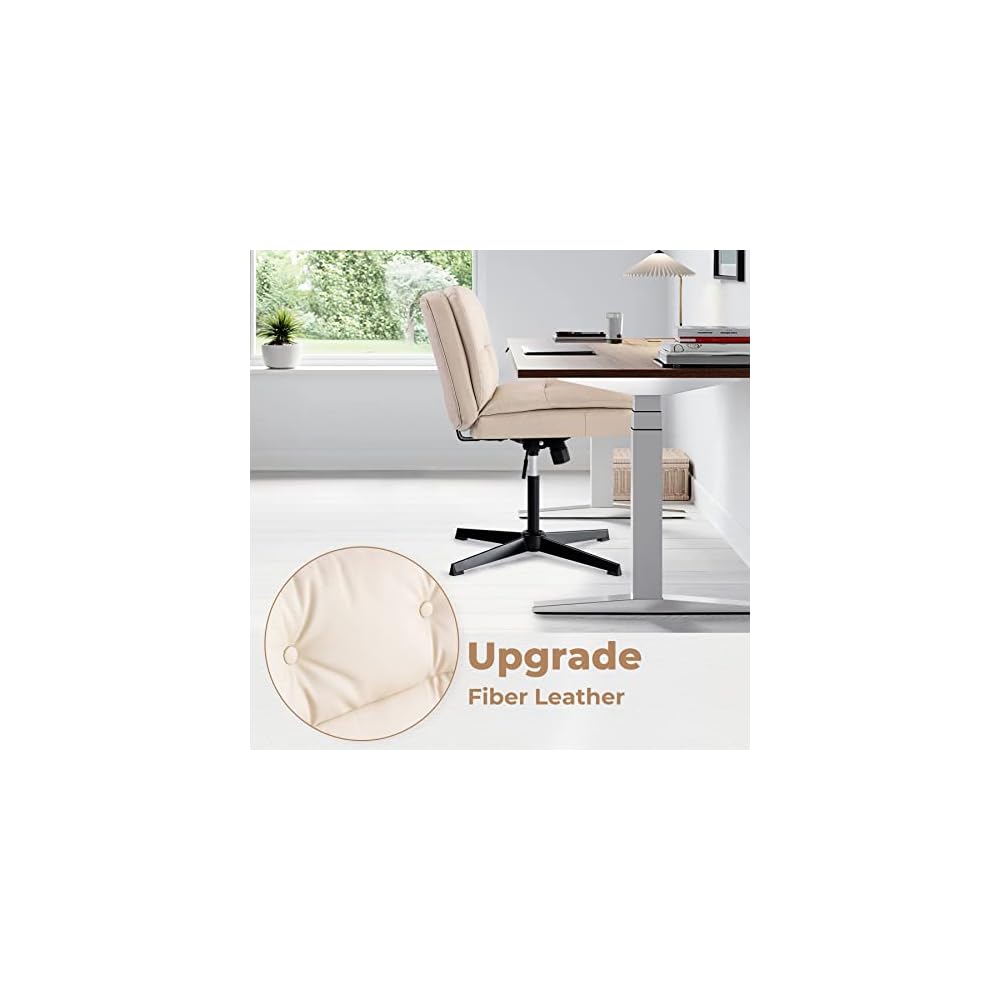 Armless Office Desk Leather Chair No Wheels, Leather Padded Vanity Chair Mid-Back Ergonomic Home Office Computer Chair Comfortable Adjustable Swivel Task Chair with Thickened Cushion