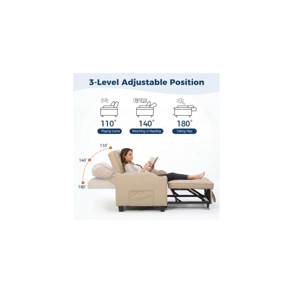 Sleeper Chair Pull Out Bed for Adults, 4 in 1 Convertible Sofa Chair Bed, Single Recliner Sofa with Vibration Massage Lumbar Pillow, USB & Type-C Ports, Cup Holders and Side Pocket, Latte Beige