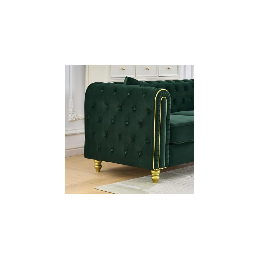 Velvet Chesterfield Button Tufted Sofa, Modern 2 Deep Seater Couch, Upholstered Comfy Loveseat Sofa with 2 Pillows for Living Room, Green