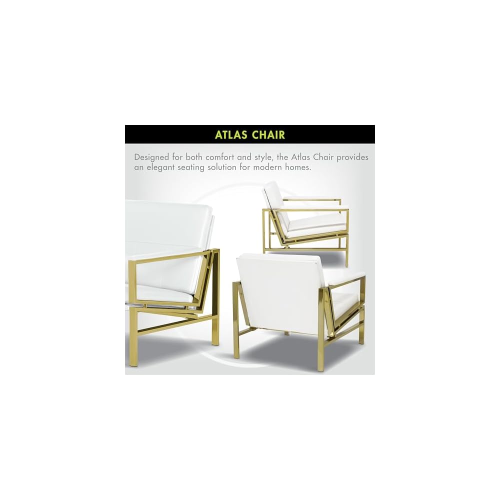 Atlas Modern Accent Chair in Blended Leather, Gold Chrome/White