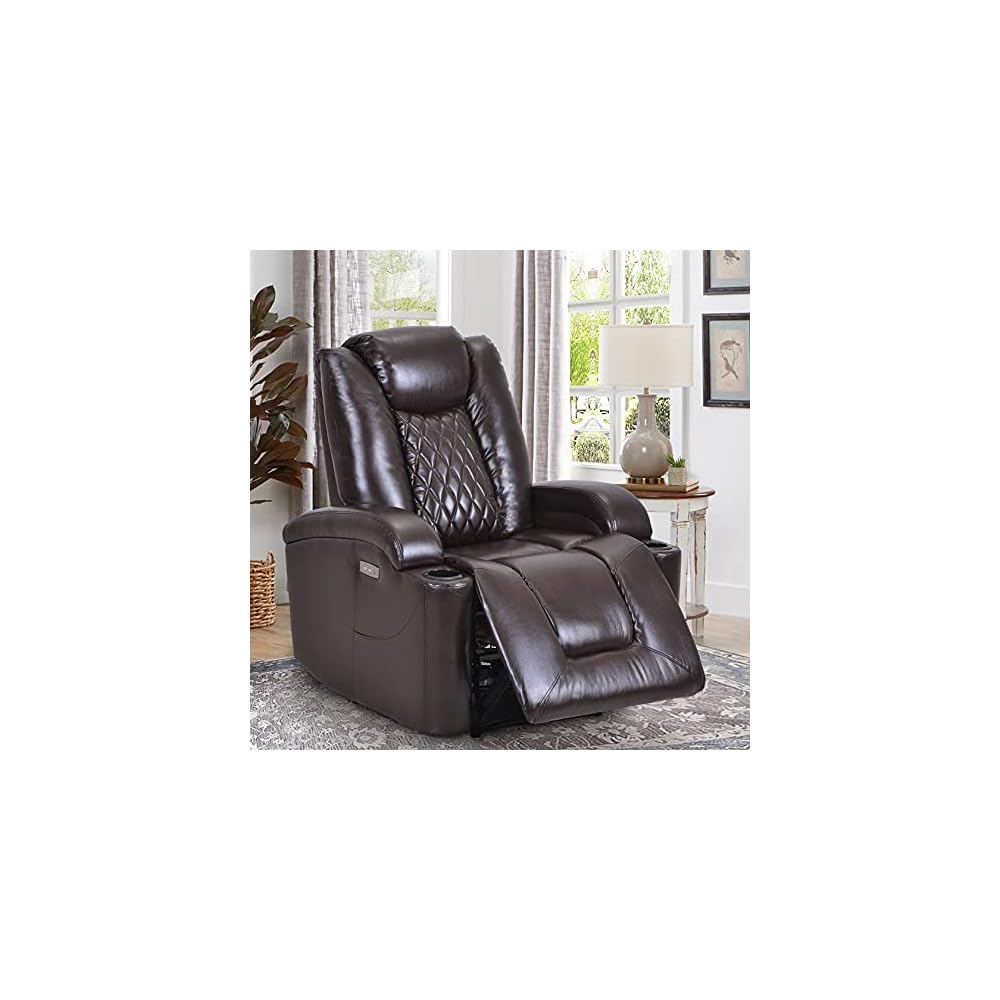 Power Motion Recliner Gaming Recliner Chair Home Theater Seating with USB Charge Port and Cup Holder - PU Lounge Chair for Living Room Brown
