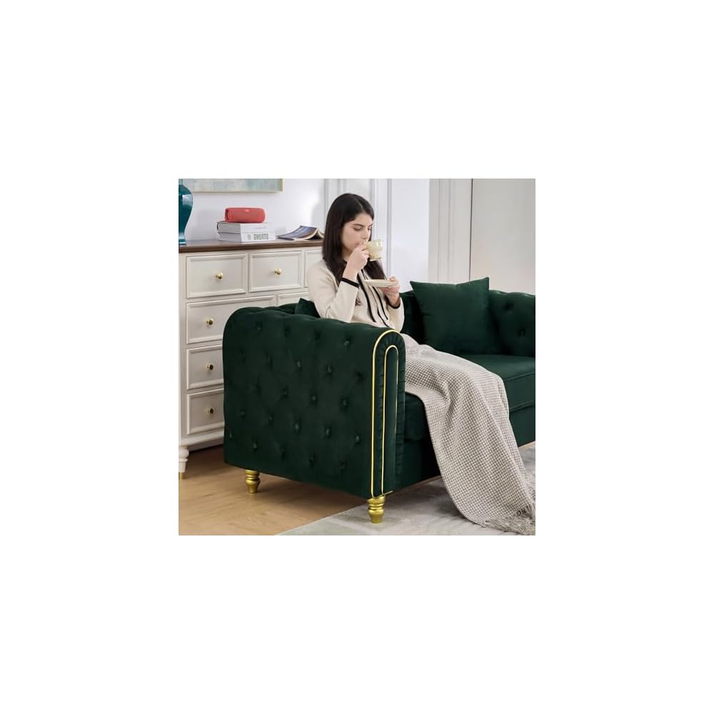 Velvet Chesterfield Button Tufted Sofa, Modern 2 Deep Seater Couch, Upholstered Comfy Loveseat Sofa with 2 Pillows for Living Room, Green