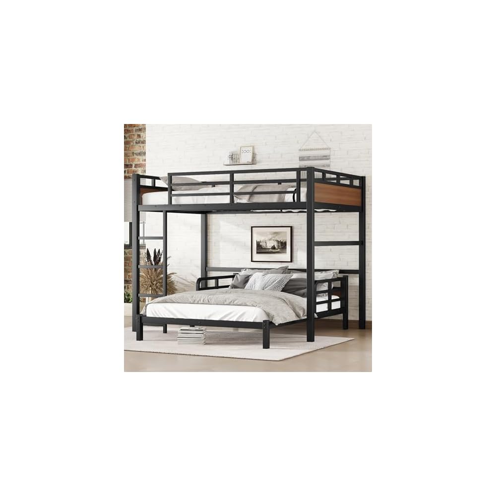 Full XL over Full XL Bunk Bed with Guardrails, Separable Bunk Bed Walnut