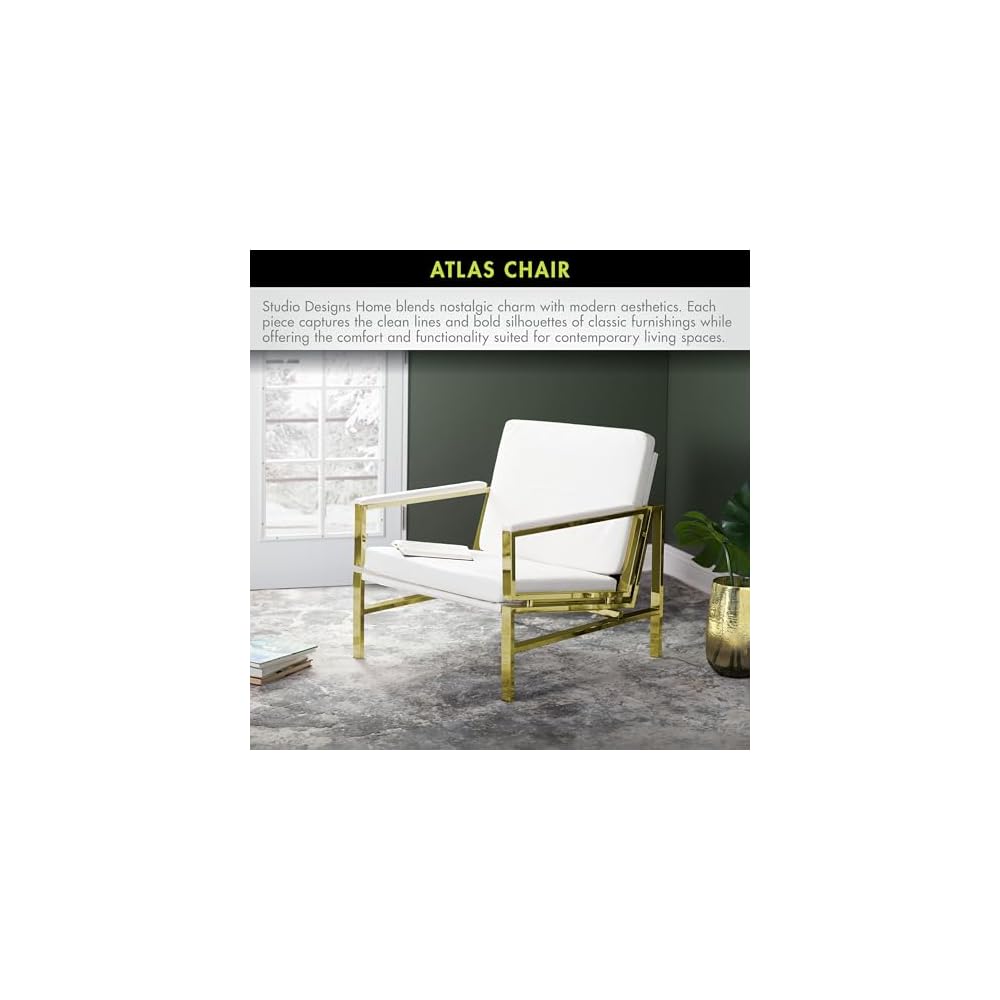 Atlas Modern Accent Chair in Blended Leather, Gold Chrome/White