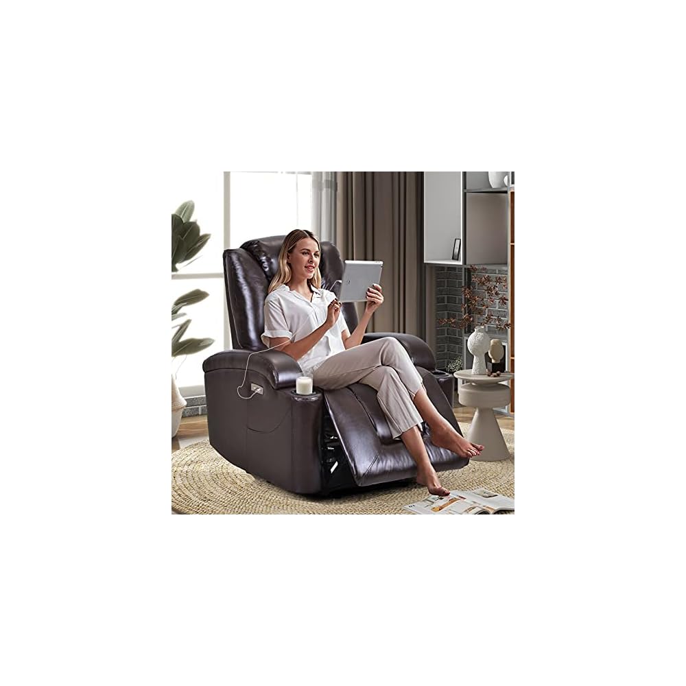Power Motion Recliner Gaming Recliner Chair Home Theater Seating with USB Charge Port and Cup Holder - PU Lounge Chair for Living Room Brown