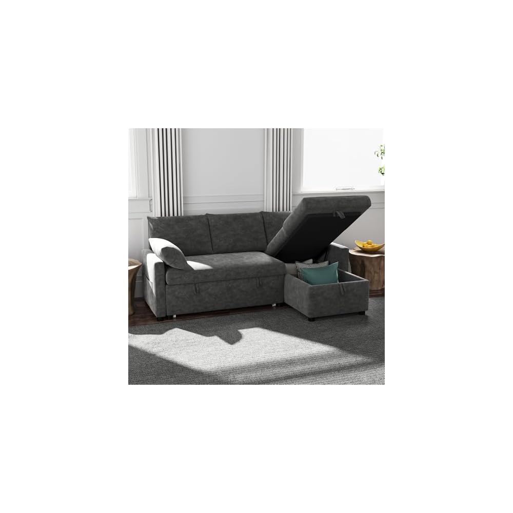 Sofa Bed, 80'' L-Shaped Chenille Sleeper Sofa, Dark Gray