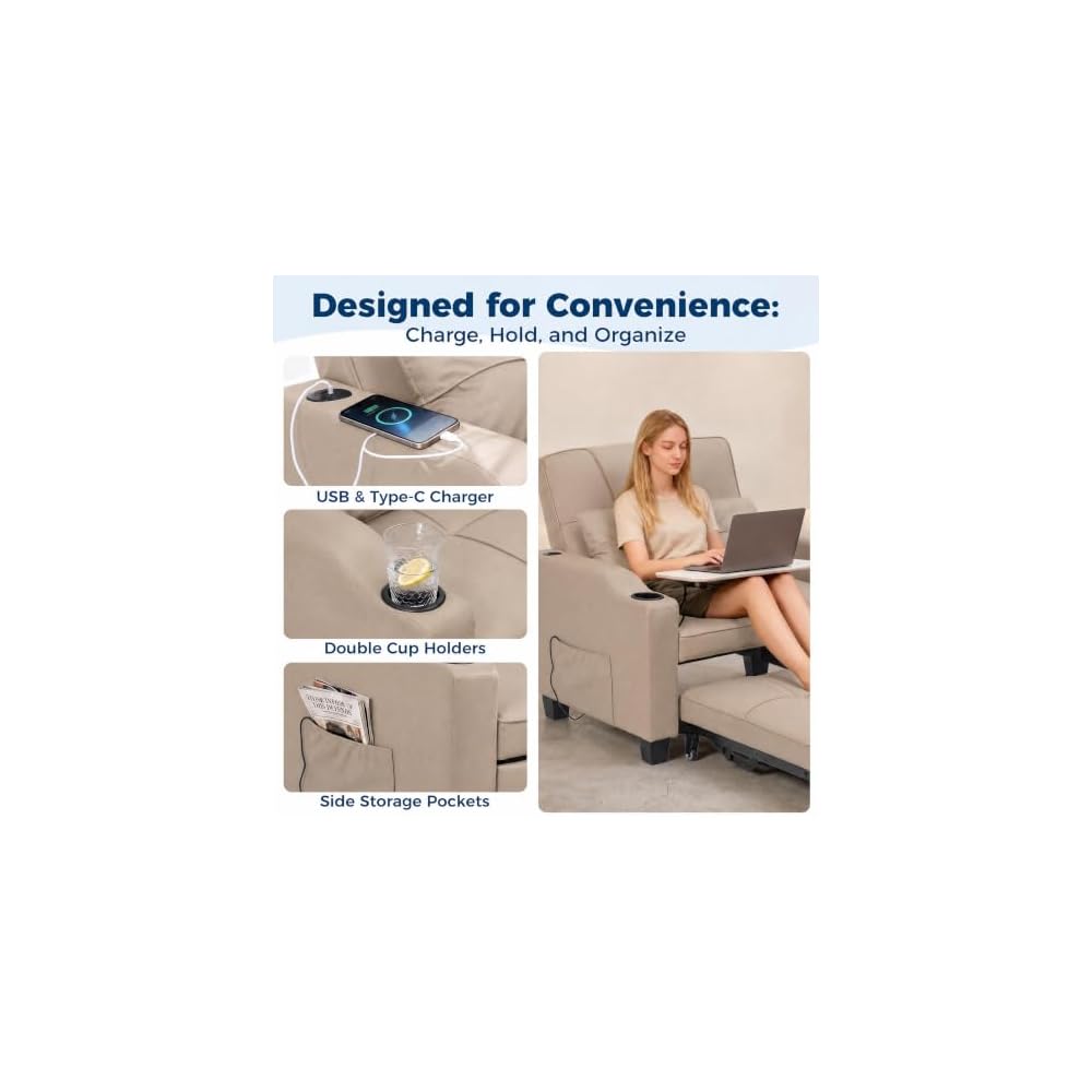 Sleeper Chair Pull Out Bed for Adults, 4 in 1 Convertible Sofa Chair Bed, Single Recliner Sofa with Vibration Massage Lumbar Pillow, USB & Type-C Ports, Cup Holders and Side Pocket, Latte Beige