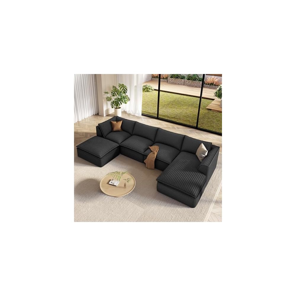 Vesgantti U Shaped Corduroy Boneless Sectional Couch, 6 Seater Sofa, Gray
