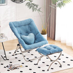 Saucer Chair with Ottoman, Folding Faux Fur Moon Chair, Blue