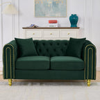 Velvet Chesterfield Button Tufted Sofa, Modern 2 Deep Seater Couch, Upholstered Comfy Loveseat Sofa with 2 Pillows for Living Room, Green