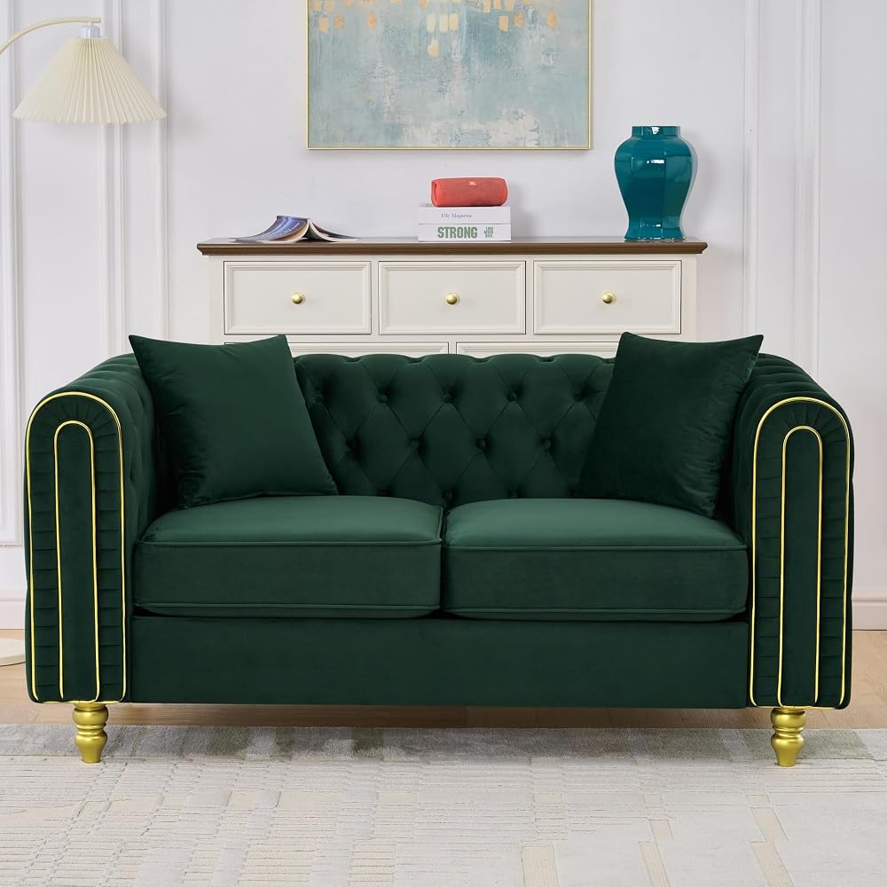Velvet Chesterfield Button Tufted Sofa, Modern 2 Deep Seater Couch, Upholstered Comfy Loveseat Sofa with 2 Pillows for Living Room, Green