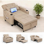 Sleeper Chair Pull Out Bed for Adults, 4 in 1 Convertible Sofa Chair Bed, Single Recliner Sofa with Vibration Massage Lumbar Pillow, USB & Type-C Ports, Cup Holders and Side Pocket, Latte Beige