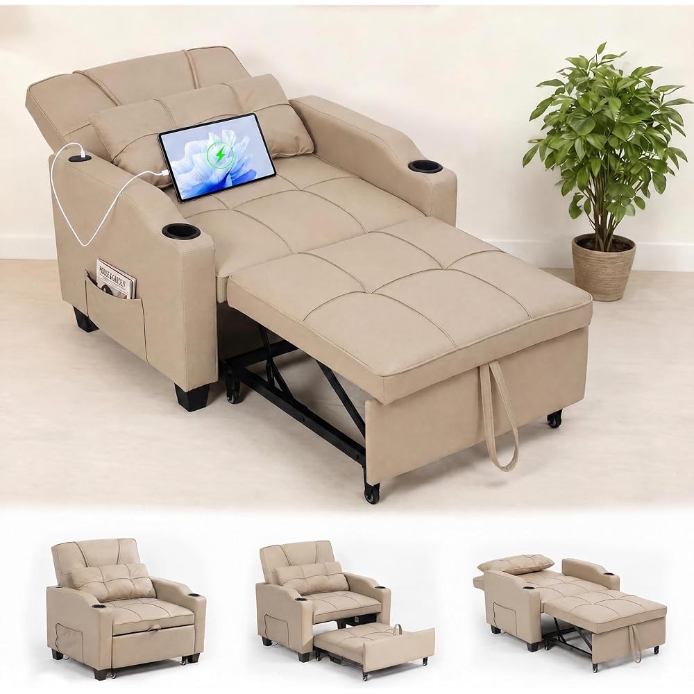 Sleeper Chair Pull Out Bed for Adults, 4 in 1 Convertible Sofa Chair Bed, Single Recliner Sofa with Vibration Massage Lumbar Pillow, USB & Type-C Ports, Cup Holders and Side Pocket, Latte Beige