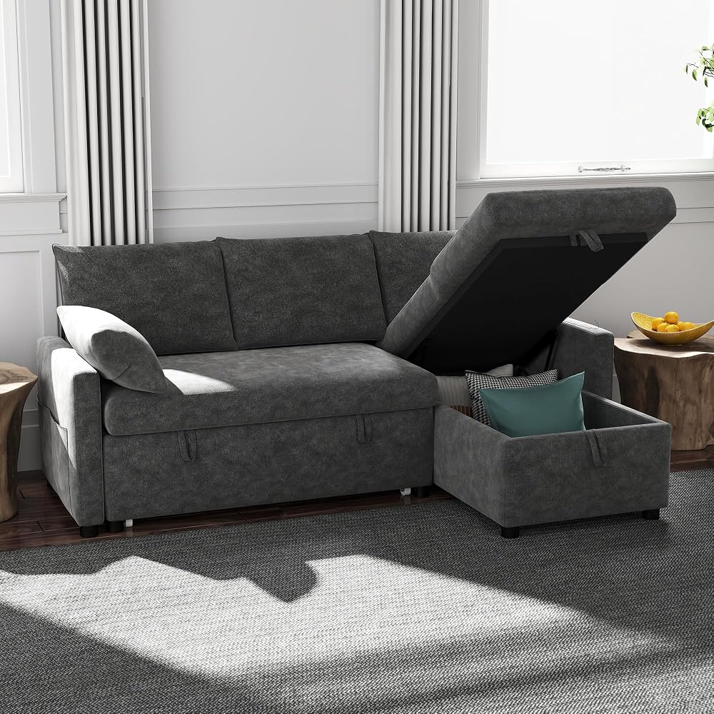 Sofa Bed, 80'' L-Shaped Chenille Sleeper Sofa, Dark Gray