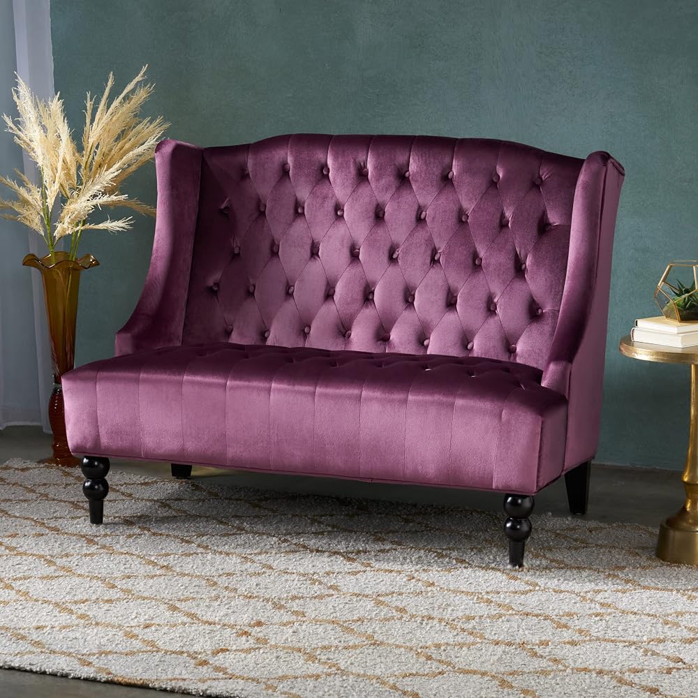 Tufted Velvet Sofa Purple Wingback Loveseat Modern Glam Couch